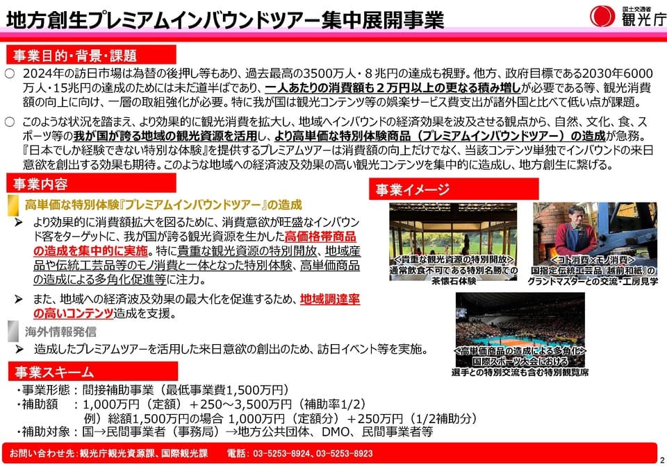 地方創生プレミアムインバウンドツアーの事業概要が記載された観光庁の資料